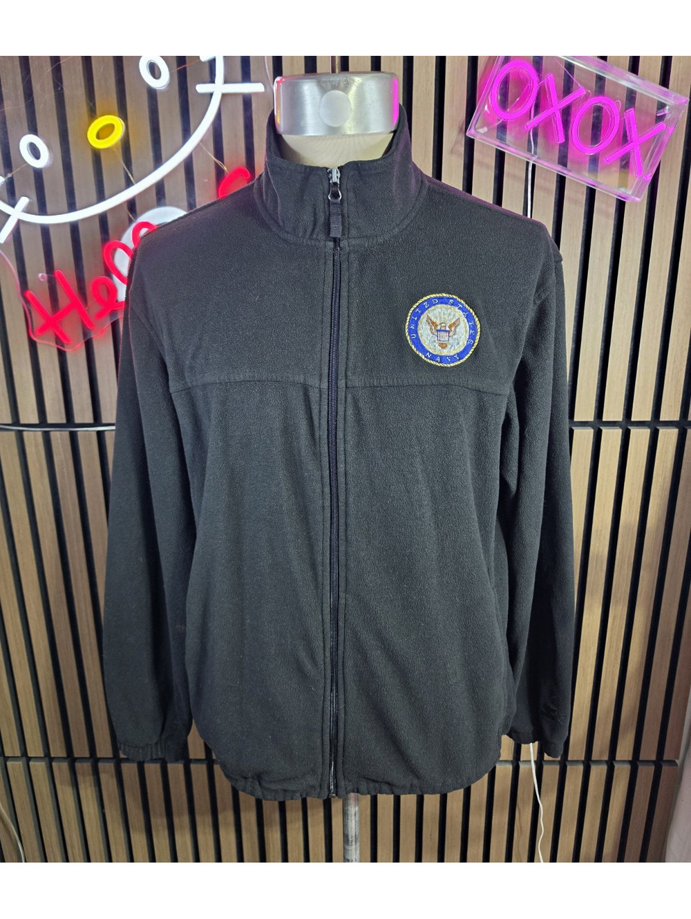 Starter Men's Black Full Zip Fleece Jacket Stand-Up Collar US Navy Patch L